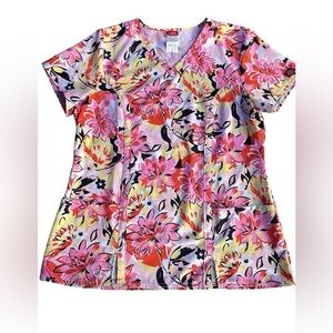 OBO DICKIES WOMENS FLORAL V-NECK SHORT SLEEVE SRUB TOP SIZE LARGE